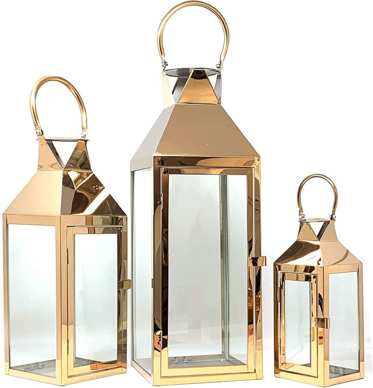 Photo 1 of allgala 3-PC Set Jumbo Luxury Modern Indoor/Outdoor Hurricane Candle Lantern Set with Chrome Plated Structure and Tempered Glass-Pyramid Top Rose Gold-HD88034
