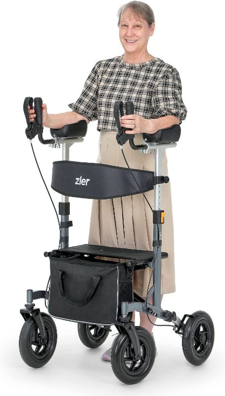 Photo 1 of Zler Upright Walker - 300lbs Stand-Up Rollator Walker for Senior with Seat and Armrest, Stand Straight Walker with Arm Support, Rolling Mobility Walking Aid with 10” Wheels for All Terrains
