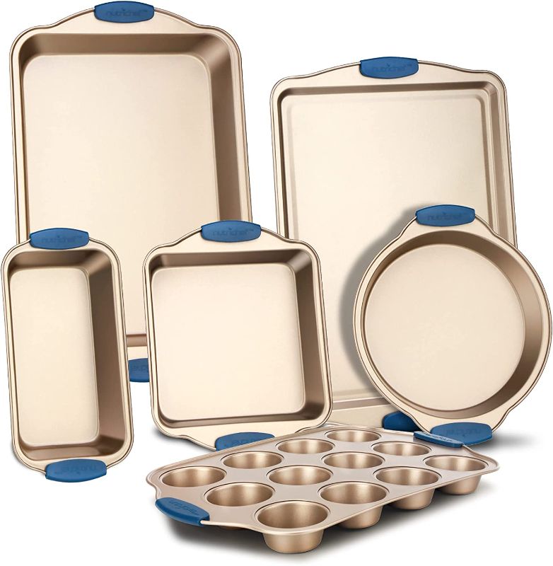 Photo 1 of ..996-Piece Nonstick Bakeware Set - PFOA, PFOS, PTFE-Free Carbon Steel Baking Trays w/ Heat safe Silicone Handles, Oven Safe Up to 450°F, Pizza Loaf Muffin Roaster/Round/Square Pans, Cookie Sheet
