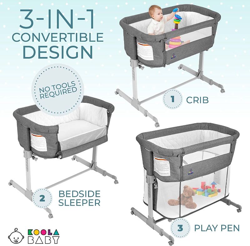 Photo 1 of 3 in 1 Baby Bassinet, Bedside Sleeper, & Playpen, Easy Folding Portable Crib (Grey)- KoolaBaby
