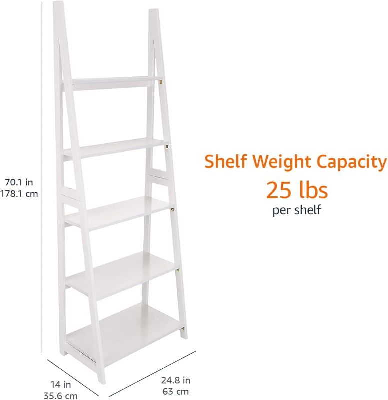 Photo 2 of Amazon Basics Modern 5-Tier Ladder Bookshelf Organizer, Solid Rubberwood Frame - White
