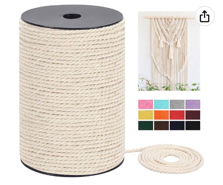 Photo 1 of 2 PACK Macrame Cord 4mm x 165Yards (495Feet), Natural Cotton Macrame Rope - 3 Strands Twisted Macrame Cotton Cord for Wall Hanging, Plant Hangers, Crafts, Gift Wrapping and Wedding Decorations