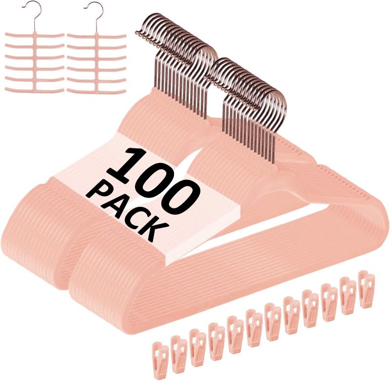 Photo 1 of VECELO Premium Velvet Clothes Hangers Suit Heavy Duty (100 Pack)-Non Slip & Space-Saving with 12 Finger Clips & 2Tie Rack Excellent for Men and Women,Pink
