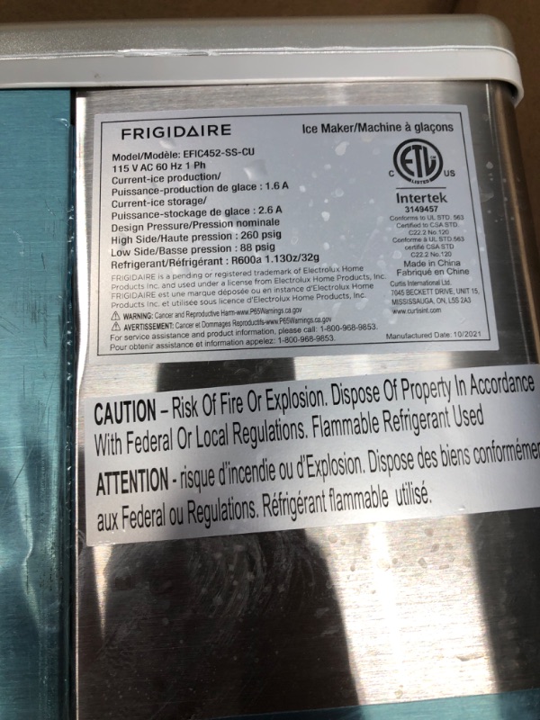 Photo 2 of * tested* FRIGIDAIRE EFIC452-SS 40 Lbs Extra Large Clear Maker, Stainless Steel, Makes Square Ice & Winco Stainless Steel 4 Ounce Ice Scoop, Medium
