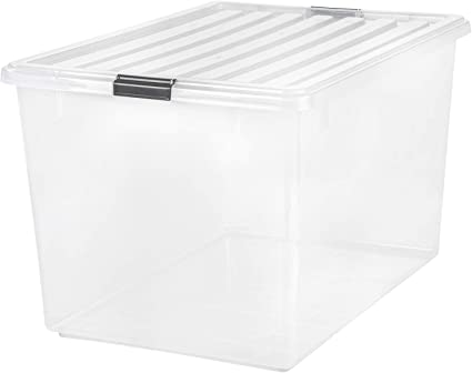 Photo 1 of IRIS USA 132 Quart Large Storage Bin Utility Tote Organizing Container Box with Buckle Down Lid for Clothes Storage, 3 Pack, Clear *Cracks Damages on Lids*
