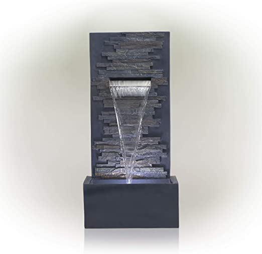 Photo 1 of Alpine Corporation WIN1562 Alpine 32" Tall Cascading Stone Wall Decoration with LED Lights Fountain, Gray
