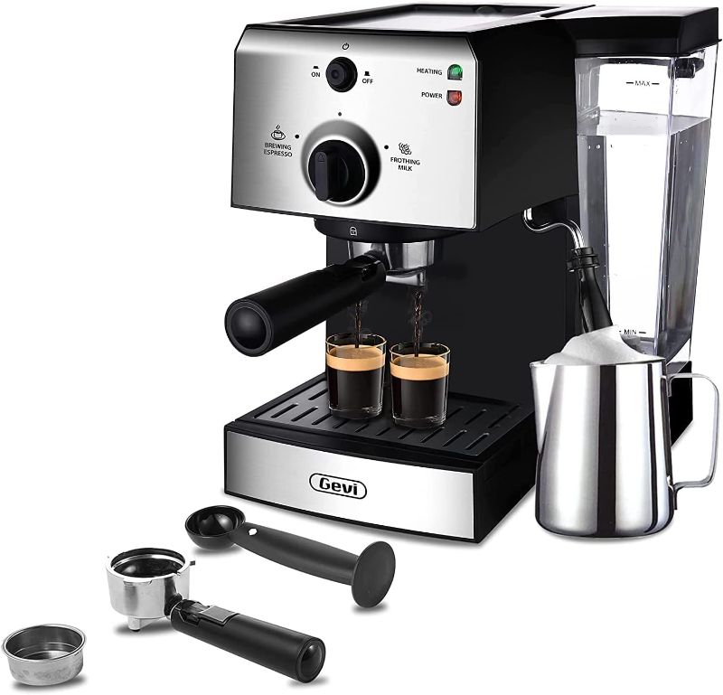 Photo 1 of Gevi Espresso Machines 15 Bar Fast Heating Cappuccino Coffee Maker with Foaming Milk Frother Wand for Espresso, Latte Machiato, 1.25L Removable Water Tank, Double Temperature Control System, 1350W
