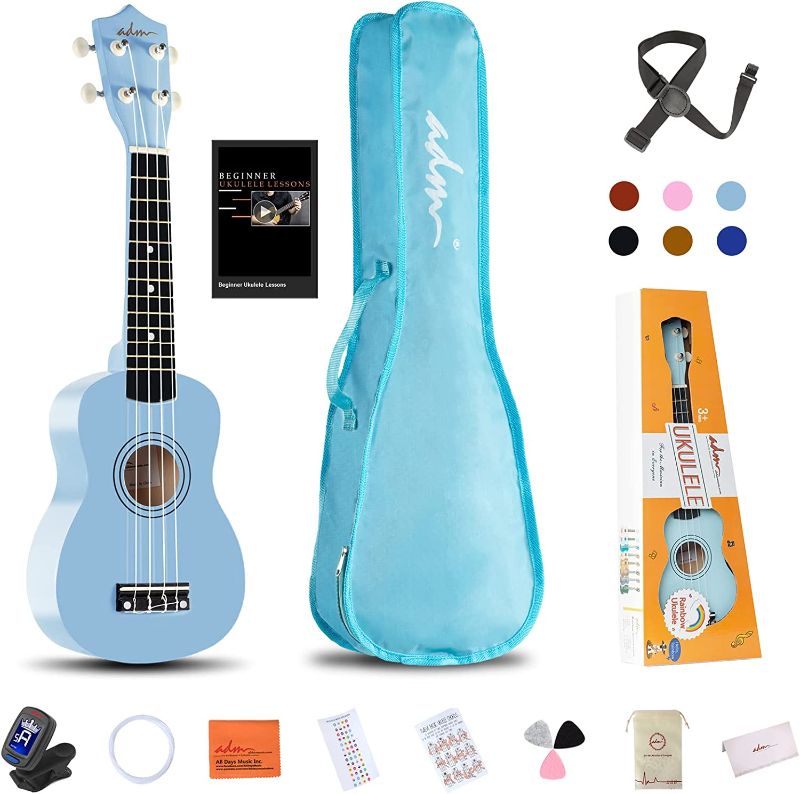 Photo 1 of ADM Soprano Ukulele for Beginners 21 Inch Hawaiian Wood Ukelele Kit for Kids Adult Student Starter Professional Ukalelee Pack Bundle with Free Lessons Gig Bag Strap Nylon String Tuner Pick, Blue
