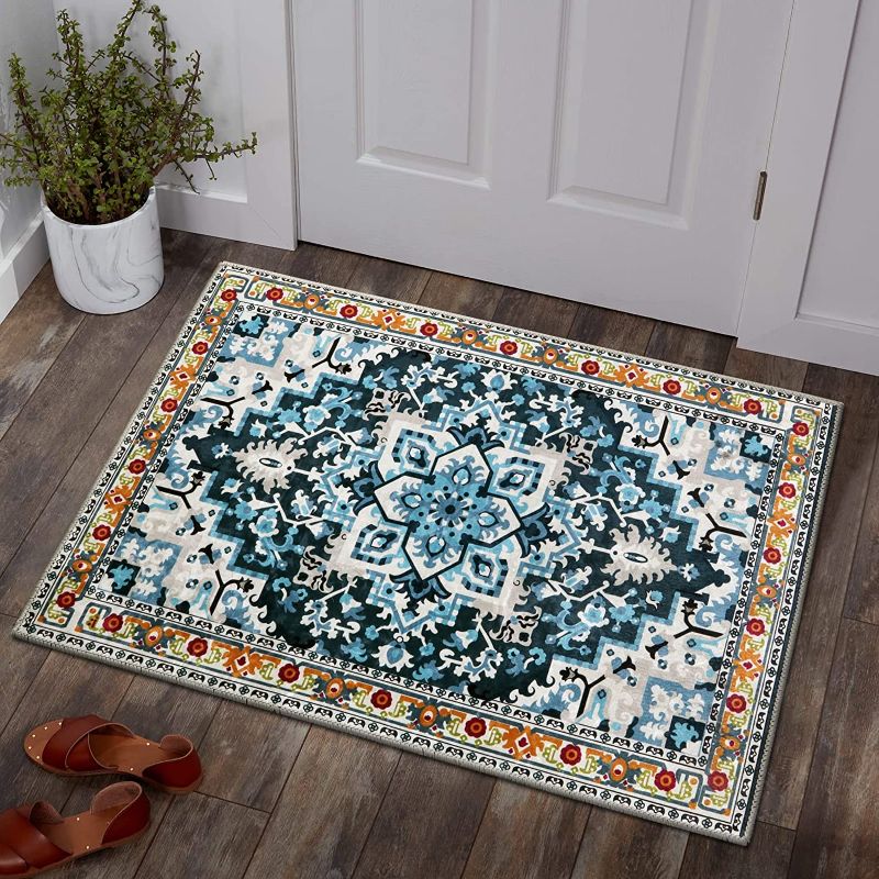 Photo 1 of  Persian Area Rug -Washable Blue Entryway Small Rug Vintage Accent Throw Non-Slip Oriental Distressed Low Pile Rug for Entryway Bedroom Bathroom Kitchen Door Mat Living Room Rug