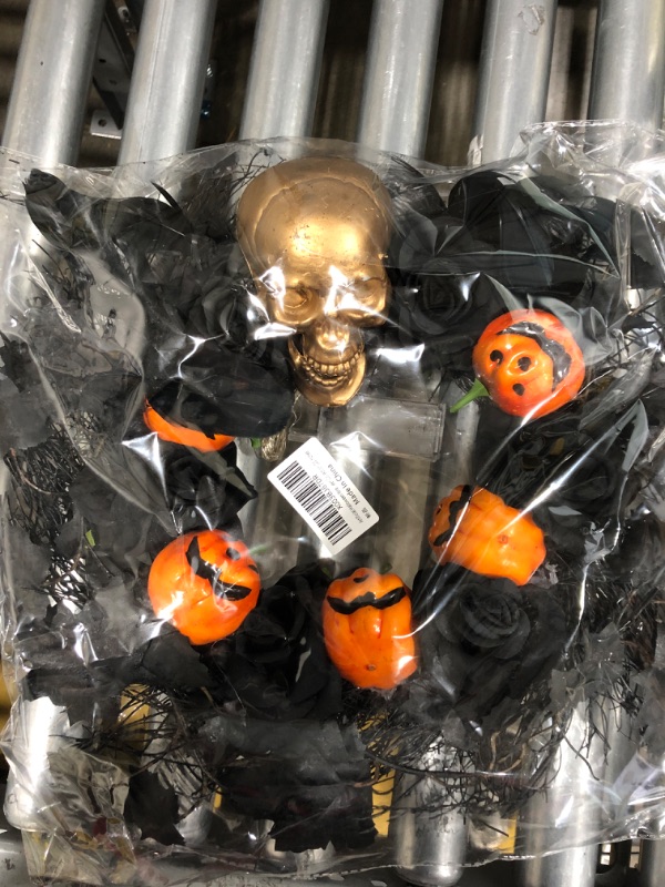 Photo 2 of 20'' Halloween Decorations Outdoor/Indoor Front Door Garland, Battery Operated Halloween Lights Black Wreaths with Skeleton Pumpkin Crafts Scary Halloween Wreath Party Supplies