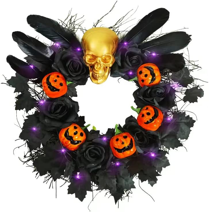 Photo 1 of 20'' Halloween Decorations Outdoor/Indoor Front Door Garland, Battery Operated Halloween Lights Black Wreaths with Skeleton Pumpkin Crafts Scary Halloween Wreath Party Supplies