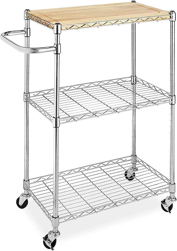 Photo 1 of Kitchen Microwave Cart on Wheels, Wire Rolling Cart with 4 Hooks, 3 Tier Bakers Rack with Wood Table, Height Adjustable Shelves, 22L x 14W x 33.5H Inches, Rusic Brown and Black
