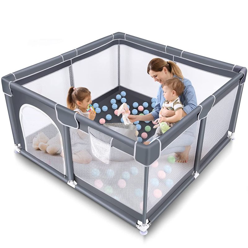 Photo 1 of Baby Playpen, Playpen for Babies and Toddlers, Indoor & Outdoor Playard Kids Activity Center with Anti-Slip Base, Sturdy Safety Play Yard with Soft Breathable Mesh (Gray,)