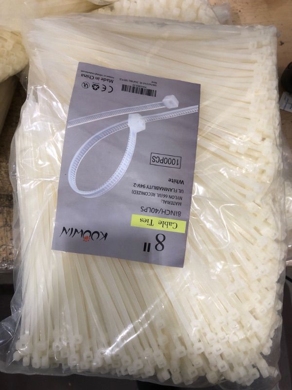 Photo 2 of 1000 Pack 8 Inch Bulk KOOWIN Nylon Plastic Cable Zip Ties Medium Wire Wraps White