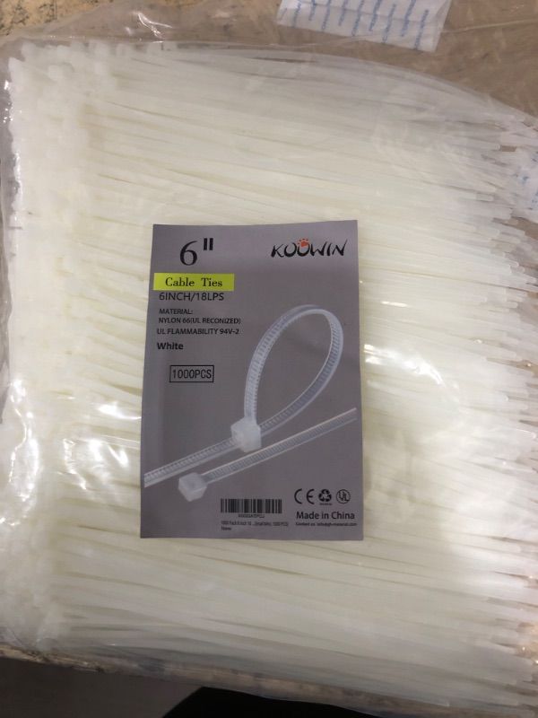 Photo 2 of 1000 Pack 6 Inch Bulk KOOWIN Nylon Plastic Cable Zip Ties Medium Wire Wraps White