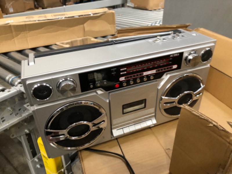 Photo 3 of Victrola 1980s Retro Bluetooth Boombox with Cassette Player and AM/FM Radio, Wired and Wireless Streaming, Classic 80s Style with Modern Technology, Silver
