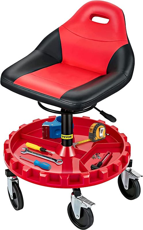 Photo 1 of VEVOR Rolling Garage Stool, 300LBS Capacity, 21"-26" Adjustable Height Range, Mechanic Seat with Swivel Casters and Tool Tray, for Workshop, Auto Repair Shop, Red
