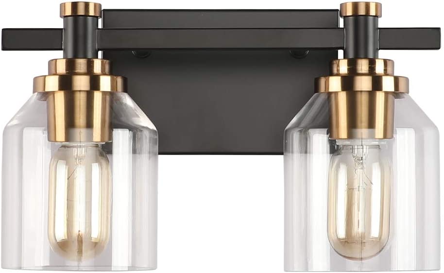 Photo 1 of 2-Light Gold Bathroom Vanity Light Fixtures, Modern Wall Lighting with Clear Glass Shade, Brushed Brass Wall Sconce Lighting, Porch Wall Lamp for Mirror, Living Room, Bedroom, Hallway, E26 Base
