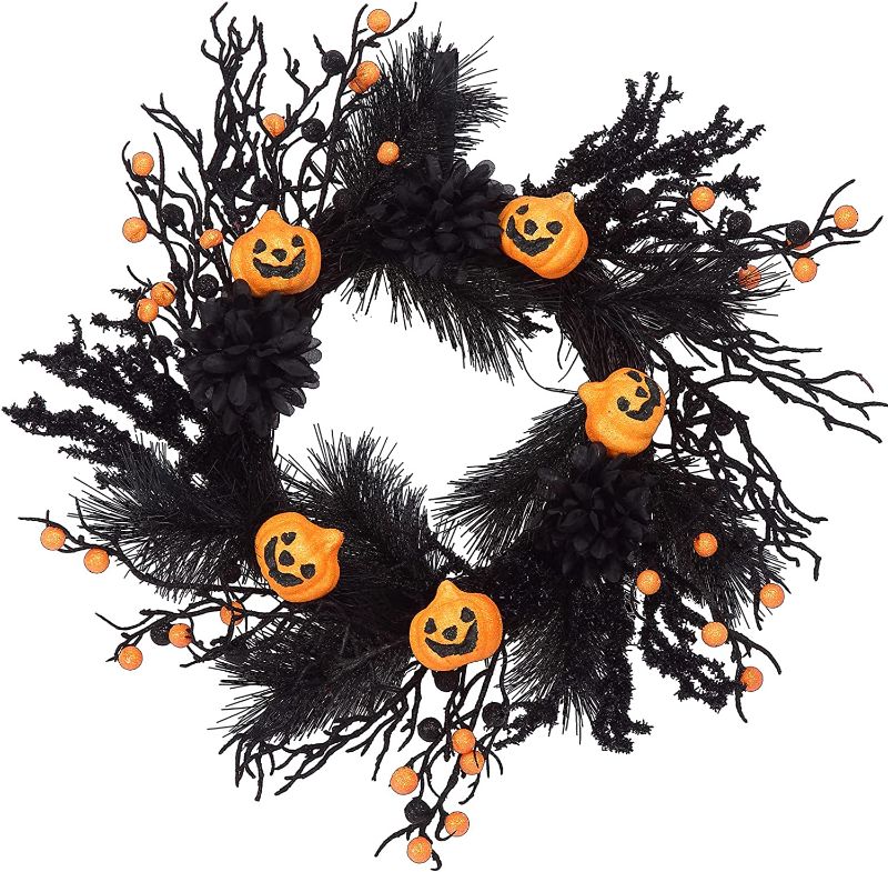Photo 1 of Adeeing 18” Halloween Door Wreath, Jack-O-Lantern Pumpkin Wreath with Black and Orange Berries Leaves and Jack-O-Lantern for Indoor Outdoor Window Proch Wall Hallowen Decorations
