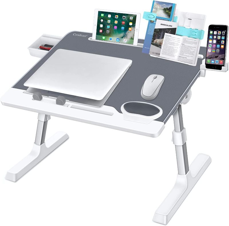 Photo 1 of Laptop Desk for Bed,CORIDICARE Leather Adjustable Laptop Bed Tray Table,Portable Lap Desk with Removable Stopper,Book Stand and Storage Drawer for Working, Writing, Gaming, Drawing (Gray, X-Large)
