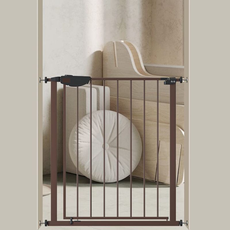 Photo 1 of ALLAIBB Brown Triple Lock Extra Wide Baby Gate Pressure Mounted Walk Through Safe Auto Close Metal Dog Pet Puppy Cat for Stairs,Doorways,Kitchen 31.1-86.22"
