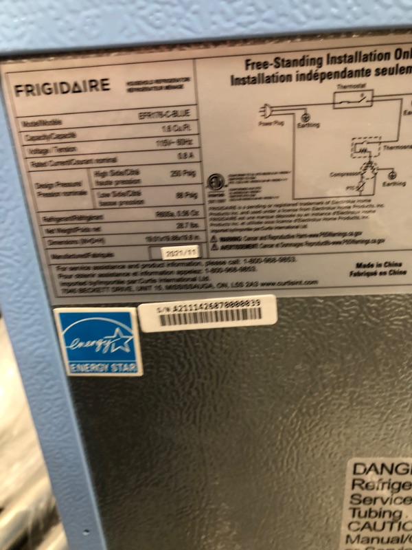 Photo 4 of * TESTED* Frigidaire EFR176-BLUE 1.6 cu ft Blue Retro Fridge with Side Bottle Opener. for The Office