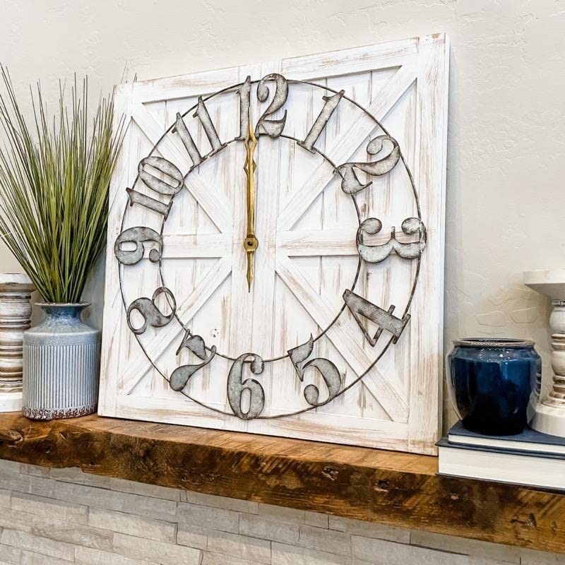 Photo 1 of ALBEN Large Farmhouse Wall Clock - 24 inch Square Farmhouse Style Clock Bundled with Decorative Reversible Wooden Sign
