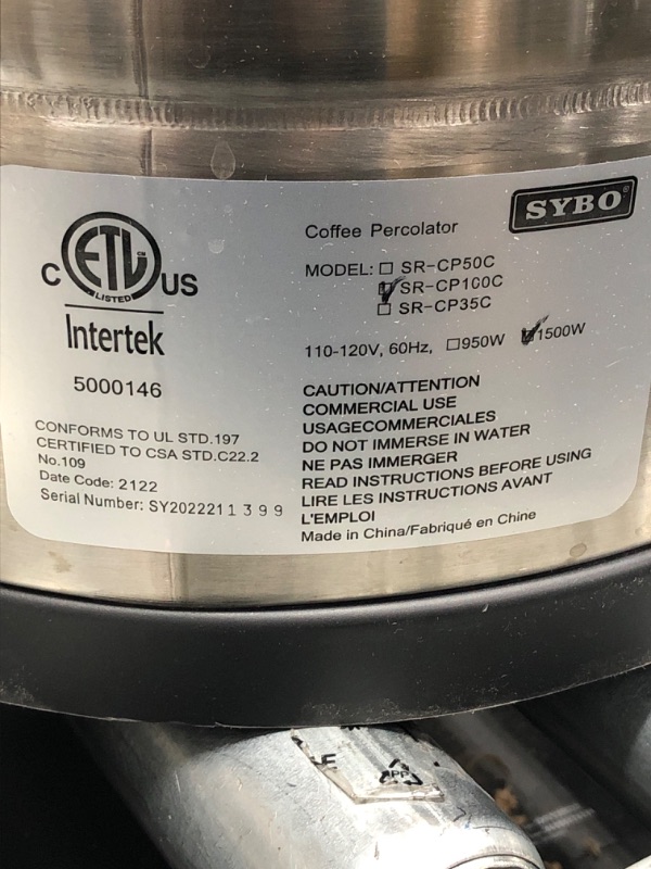 Photo 5 of (DAMAGED, WILL NOT FUNCTION)SYBO SR-CP100C Commercial Grade Stainless Steel Percolate Coffee Maker Hot Water Urn
**PLUG IN CORD IS RIPPED OFF, FOR PARTS ONLY**