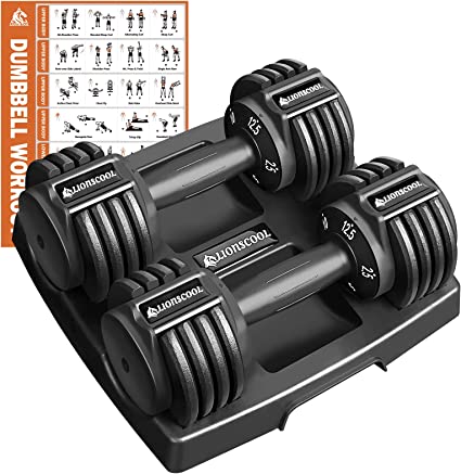 Photo 1 of LIONSCOOL Fit Revolution Adjustable Dumbbell, Perfect for Men and Women With 1-SEC Weights Adjustment, Anti-Slip Handle and Storage Tray for Home Exercise and Full Body Workout, 12.5LBS and 25LBS
