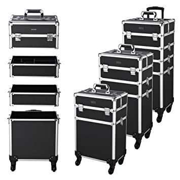 Photo 1 of BYOOTIQUE Classic Black Rolling Makeup Case 4in1 Cosmetic Lockable Trolley Freelance Makeup Artist Travel Train Case Storage *Damaged On Bottom Back and No Wheels*
