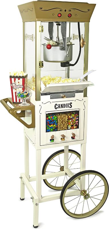 Photo 1 of Nostalgia Popcorn Maker Professional Cart, 8 Oz Kettle Makes Up to 32 Cups, Vintage Movie Theater Popcorn Machine with Three Candy Dispensers and Interior Light, Measuring Spoons and Scoop, Ivory
