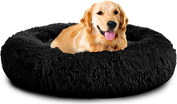 Photo 1 of MFOX Calming Dog Bed for Medium and Large Dogs Comfortable Pet Bed Faux Fur Donut Cuddler Up to 25/35/55/100lbs Black 