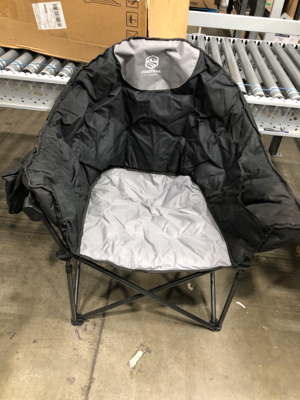 Photo 2 of Coastrail Outdoor Oversized Padded Camping Chair Round Moon Saucer Folding Chair Outdoor Club Chair with Cup Holder, Supports 350lbs **Minor Damages on One Side Arm Support and Back Ripped**