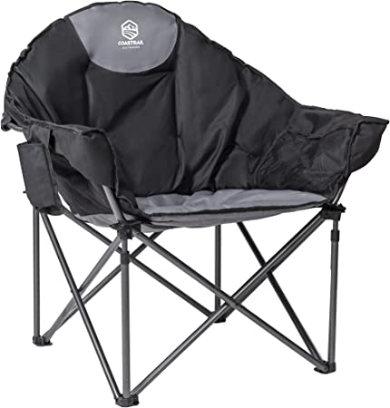 Photo 1 of Coastrail Outdoor Oversized Padded Camping Chair Round Moon Saucer Folding Chair Outdoor Club Chair with Cup Holder, Supports 350lbs **Minor Damages on One Side Arm Support and Back Ripped**