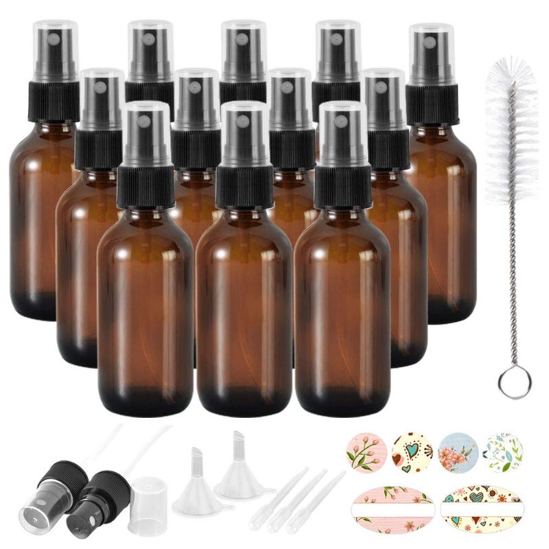 Photo 1 of 12 Pack 2oz 60 ml Amber Glass Spray Bottles with Fine Mist Sprayer & Dust Cap for Essential Oils, Perfumes,Cleaning Products.Included 1 Brush,2 Extra Sprayers,2 Funnels,3 Droppers & 24 Labels.
