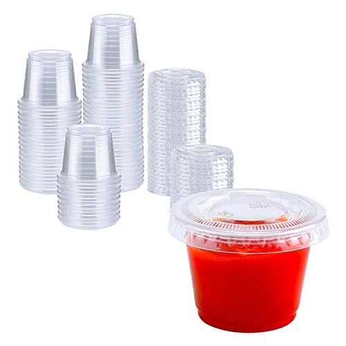 Photo 1 of [150 Set - 4oz] PTG Clear Disposable Plastic Portion Cups, Souffle Cups, Condiment Cups, Jello Shot Cups with Lids
