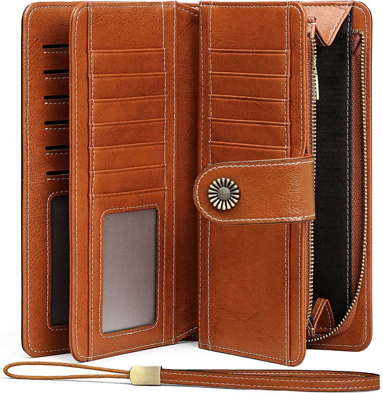 Photo 1 of Seammer Womens Genuine Leather Wallets Large Capacity RFID Blocking Credit Card Holder Ladies Wristlet Purse (Brown)
