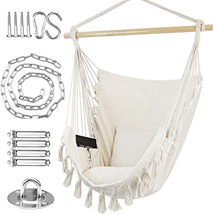 Photo 1 of WBHome Extra Large Hammock Chair Swing with Hardware Kit, Hanging Macrame Chair Cotton Canvas, Include Carry Bag & Two Soft Seat Cushions, for Bedroom Indoor Outdoor, Max. Weight 330 Lbs (Beige)
