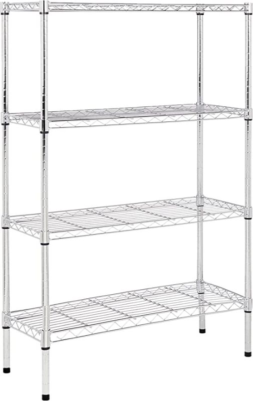 Photo 1 of Amazon Basics 4-Shelf Adjustable, Heavy Duty Storage Shelving Unit (350 lbs loading capacity per shelf), Steel Organizer Wire Rack, Chrome (36L x 14W x 54H)
