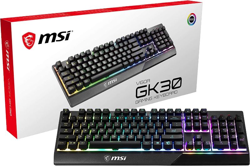 Photo 1 of MSI Vigor GK30 RGB Gaming Keyboard, 6-Zone RGB Lighting, Water Repellent & Splash-Proof, Mechanical-Like Plunger Switches
