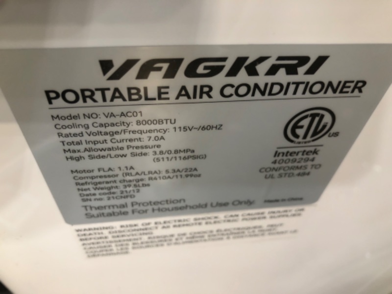 Photo 5 of VAGKRI Portable Air Conditioners 8000 BTU 3-in-1 AC Unit with Fan & Dehumidifier, Cools up to 250 sq. ft. ETL Protection with Side Handles & Casters, LED Display Full-Function, Remote Control, Timer
