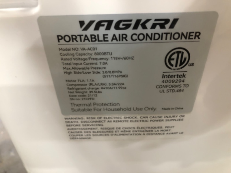 Photo 5 of VAGKRI Portable Air Conditioners 8000 BTU 3-in-1 AC Unit with Fan & Dehumidifier, Cools up to 250 sq. ft. ETL Protection with Side Handles & Casters, LED Display Full-Function, Remote Control, Timer
