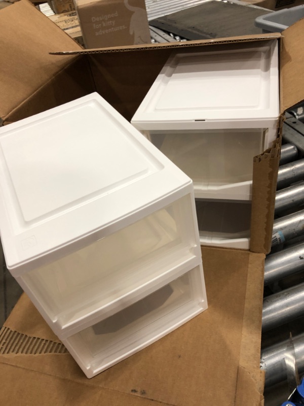 Photo 1 of (PUNCTURED BACK) IRIS USA 6 Quart Compact Stacking Storage Drawer, Plastic Drawer Organizer with Clear Doors for Undersink, Kitchen, Pantry, Desk, and Home De-Clutter, Store Shoes and Craft Supplies, 4-Pack, White
