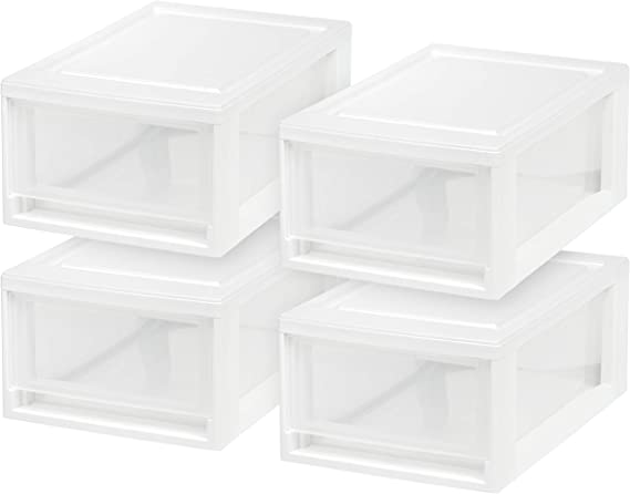 Photo 1 of (PUNCTURED BACK) IRIS USA 6 Quart Compact Stacking Storage Drawer, Plastic Drawer Organizer with Clear Doors for Undersink, Kitchen, Pantry, Desk, and Home De-Clutter, Store Shoes and Craft Supplies, 4-Pack, White
