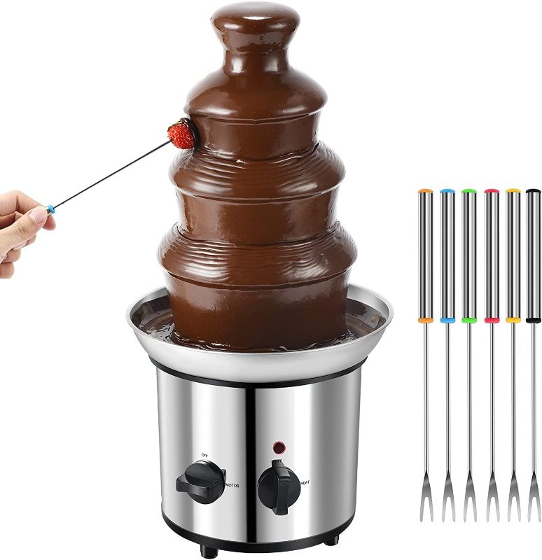 Photo 1 of   Chocolate Fountain, 4 Tiers Electric Melting Machine Chocolate Fondue Fountain Set with 6pcs Stainless Steel Forks, 4-Pound Capacity, Stainless Steel Cascading Fondue Heat Motor Controls Pot for Nacho Cheese, BBQ Sauce, Ranch
