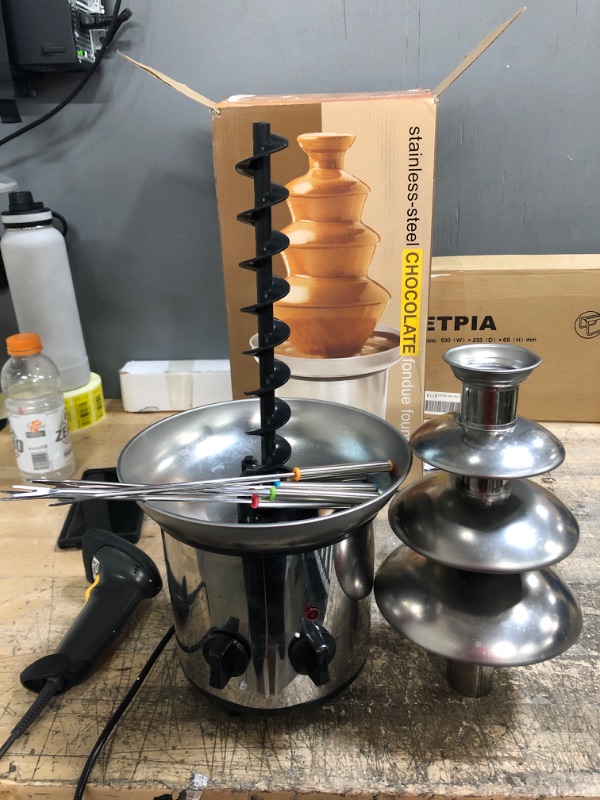 Photo 2 of   Chocolate Fountain, 4 Tiers Electric Melting Machine Chocolate Fondue Fountain Set with 6pcs Stainless Steel Forks, 4-Pound Capacity, Stainless Steel Cascading Fondue Heat Motor Controls Pot for Nacho Cheese, BBQ Sauce, Ranch
