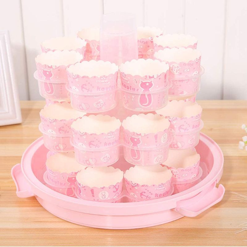 Photo 2 of 3-Tier Cake Carrier 24-Cupcake Holder with Locking Lid and Handle Potable Muffin Container Pie Cookies Organizer Box (Pink)
