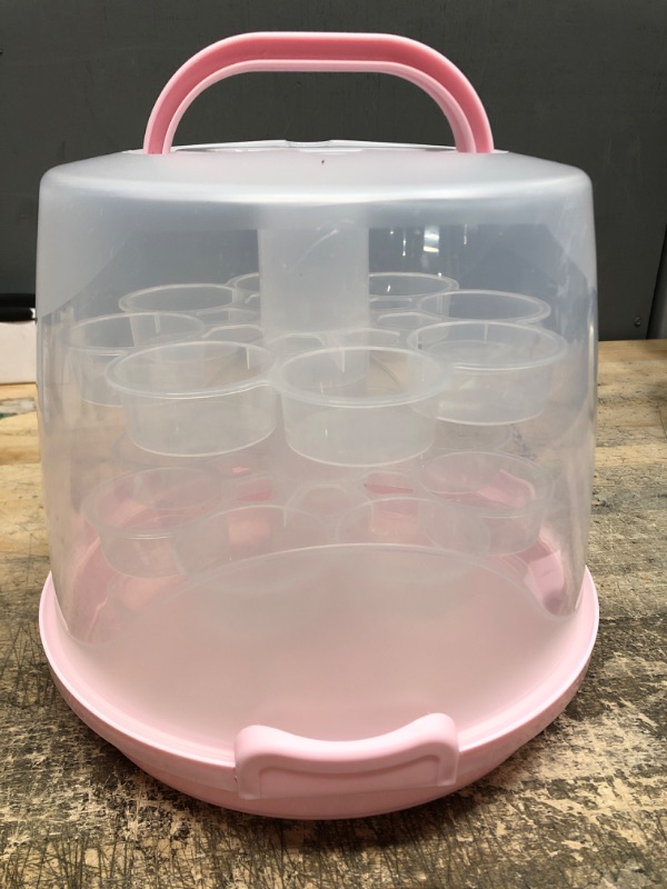 Photo 3 of 3-Tier Cake Carrier 24-Cupcake Holder with Locking Lid and Handle Potable Muffin Container Pie Cookies Organizer Box (Pink)
