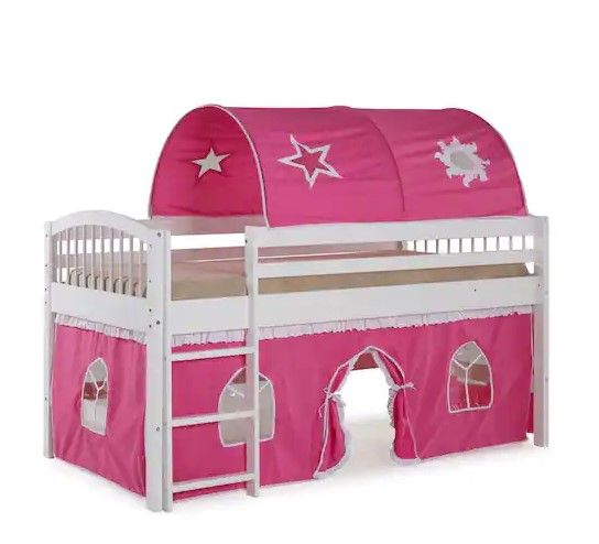 Photo 1 of Addison Junior Loft Bed White with Pink and White Tent and Playhouse
