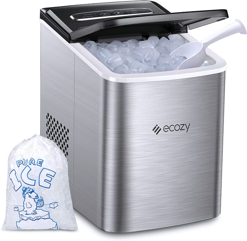 Photo 1 of ecozy Portable Ice Maker Countertop, 9 Cubes Ready in 6 Mins, 26.5 lbs in 24 Hours, Self-Cleaning Ice Maker Machine with Ice Bags/Ice Scoop/Ice Basket for Home Kitchen Office Bar Party, Silver